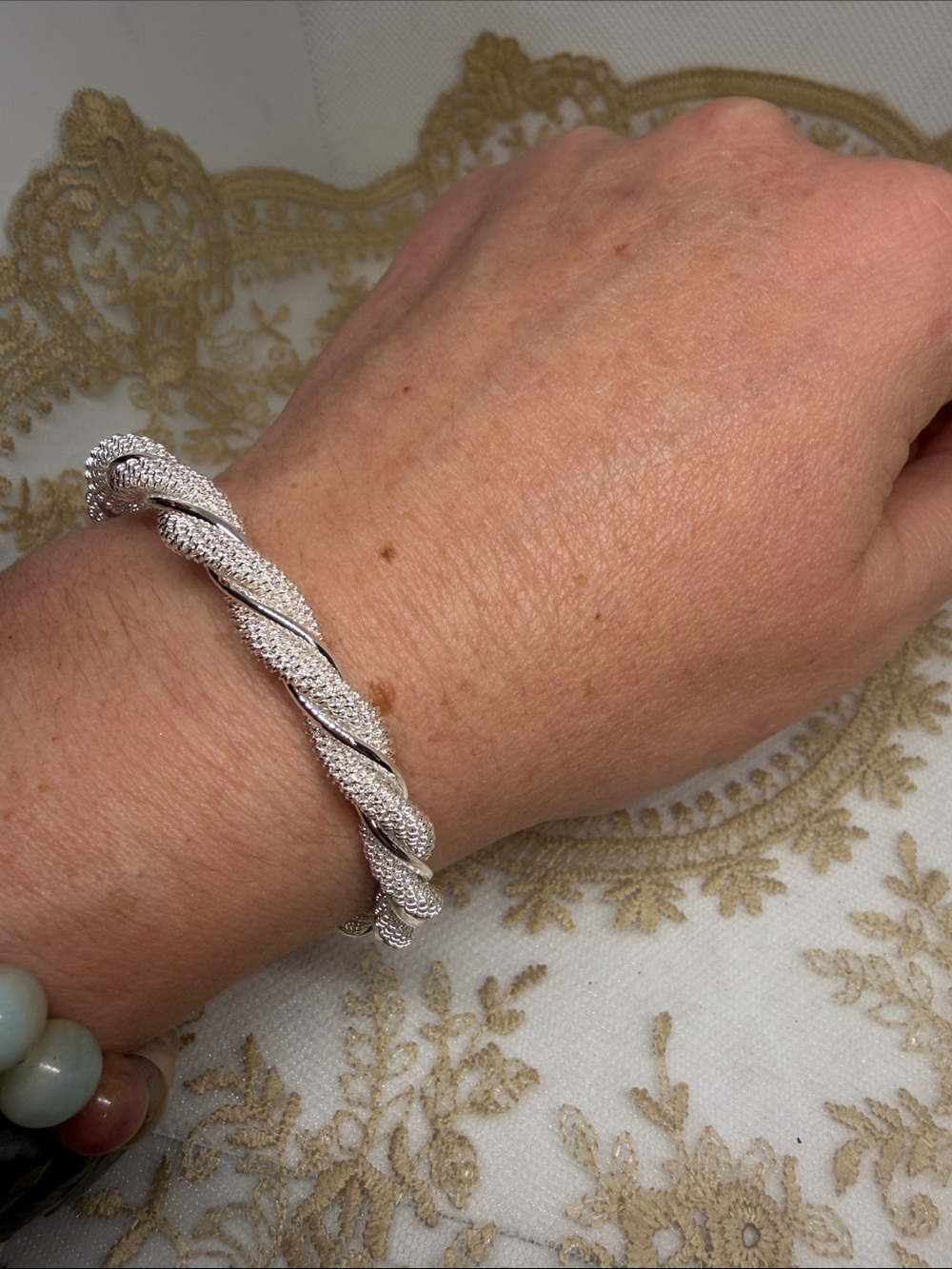 925 Sterling Silver Twisted Mesh Open Cuff Bangle Bracelet | Textured Cable